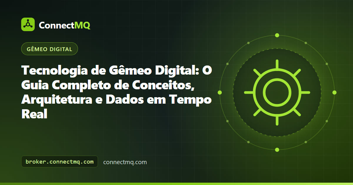 Ilustração de tecnologia de gêmeo digital com um modelo 3D de fábrica espelhando dados de máquinas transmitidos ao vivo via MQTT