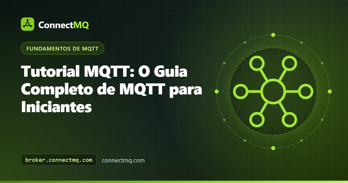 Ilustração de um tutorial MQTT mostrando um notebook, um sensor e um celular trocando mensagens por meio de um broker central