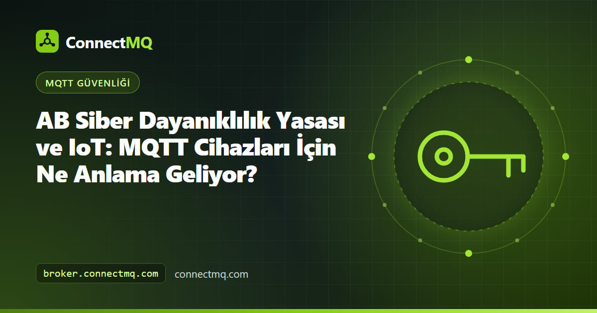Bağlı bir cihaz, güvenli güncelleme yolu ve bulut broker'a şifreli MQTT bağlantısı içeren AB Siber Dayanıklılık Yasası IoT illüstrasyonu