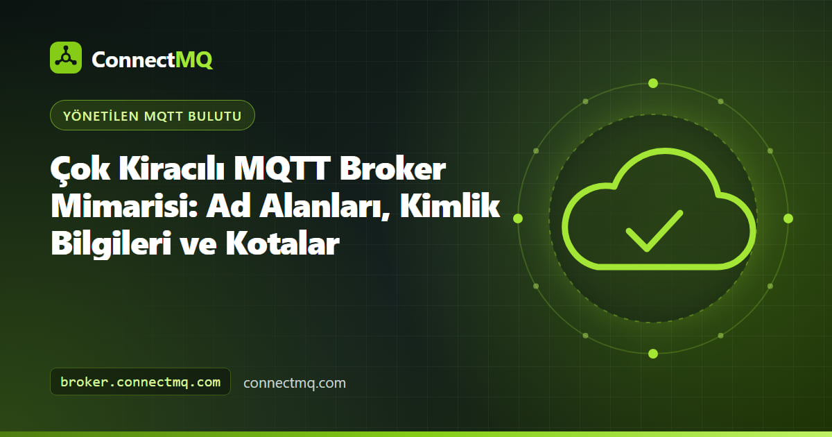 Paylaşımlı tek bir küme üzerinde ayrı kiracı ad alanları, kimlik bilgileri ve kota göstergeleri içeren çok kiracılı MQTT broker mimarisi şeması