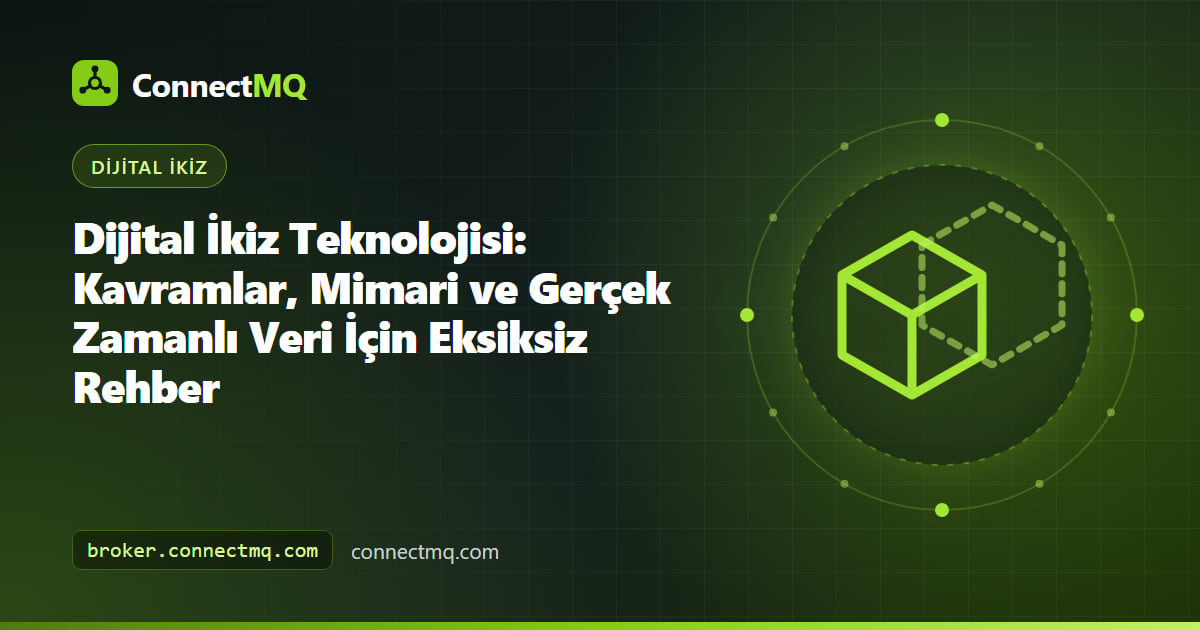 MQTT üzerinden aktarılan canlı makine verilerini yansıtan bir 3D fabrika modeliyle dijital ikiz teknolojisi çizimi