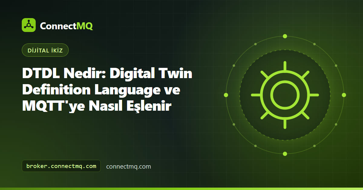 Bir dijital ikiz için MQTT topic'lerine eşlenmiş telemetri, özellikler ve komutlar içeren bir arayüzü gösteren DTDL model diyagramı