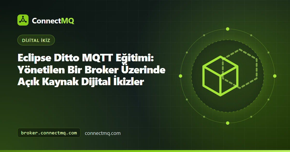 Cihazların bir broker'a yayın yaptığı, Ditto'nun thing ikizlerini tuttuğu ve olayların panolara geri aktığı Eclipse Ditto MQTT kurulumu