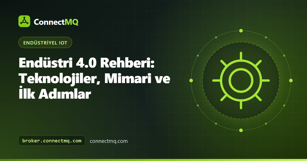 Makineler, sensörler, bulut analitiği ve dashboard'lardan oluşan bağlantılı bir akıllı fabrikayı gösteren Endüstri 4.0 rehberi çizimi