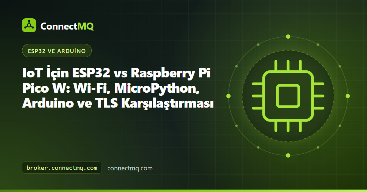 Yan yana duran ve ikisi de sensör verisini bir MQTT broker'ına yayınlayan ESP32 vs Raspberry Pi Pico W kartları