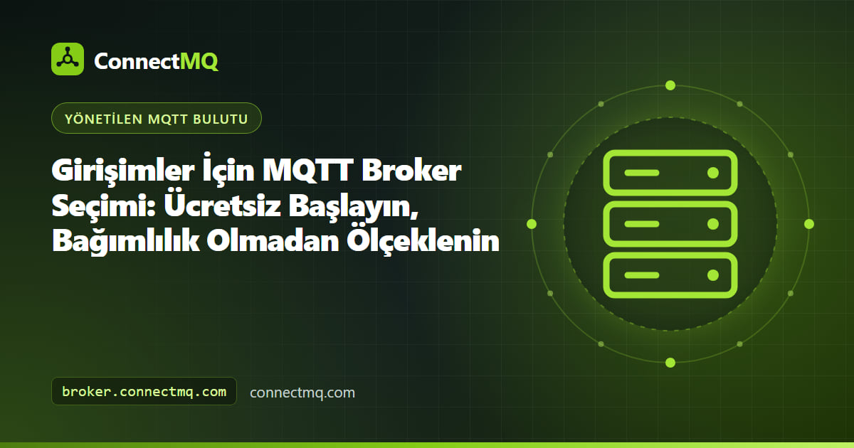Küçük bir ekibin prototip cihazlarının bir bulut broker üzerinde daha büyük bir filoya dönüştüğünü gösteren girişimler için MQTT broker illüstrasyonu