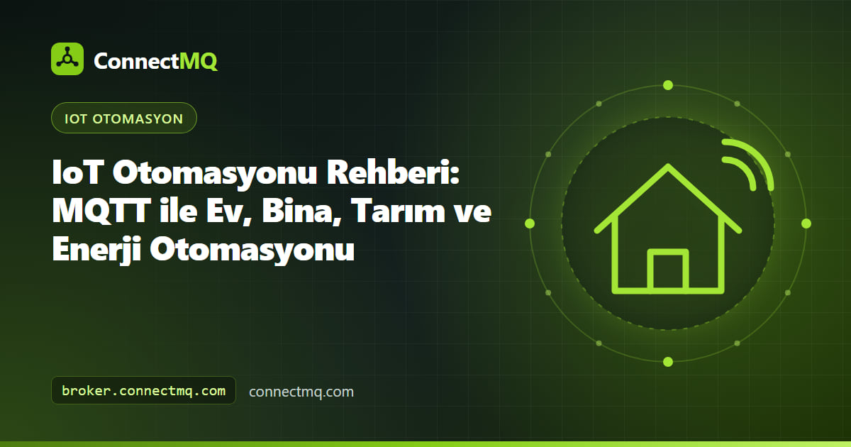 Ev, bina, sera ve güneş enerjisi sensörlerini bir MQTT broker üzerinden otomasyon kurallarına bağlayan IoT otomasyonu diyagramı