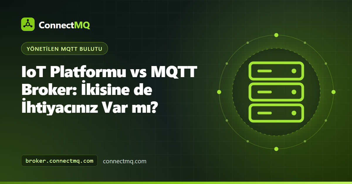 Broker'ı mesajlaşma çekirdeği olarak, depolama, kurallar ve panoları ise etrafında gösteren IoT platformu vs MQTT broker katmanlı şema illüstrasyonu