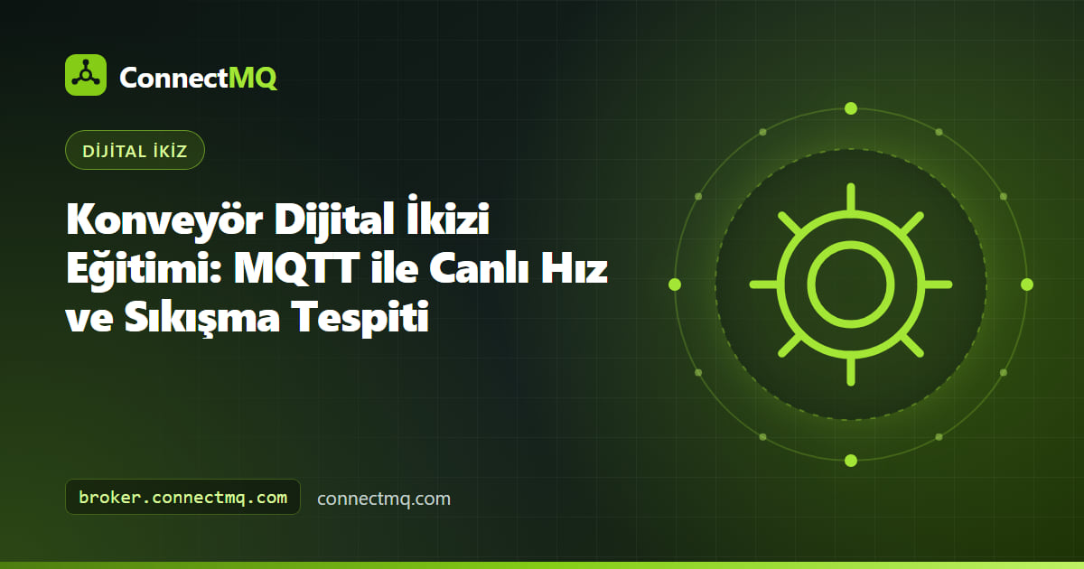 Canlı MQTT verisiyle yönetilen silindirler, koliler ve kırmızı sıkışma uyarısı içeren konveyör dijital ikizi