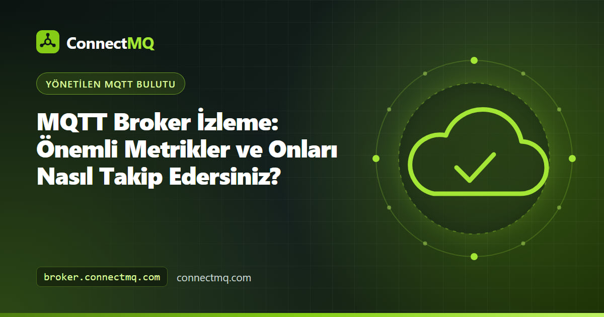 Bir broker'ın yanında bağlantı sayıları, mesaj hızları ve gecikme grafikleri içeren MQTT broker izleme panosu illüstrasyonu