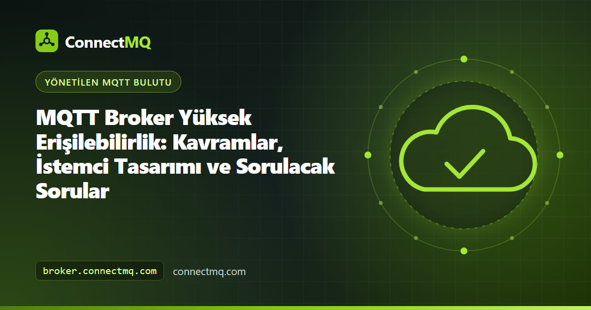 Failover sonrasında mesajları yerelde tamponlayarak bir broker'a yeniden bağlanan cihazlarla MQTT broker yüksek erişilebilirlik illüstrasyonu