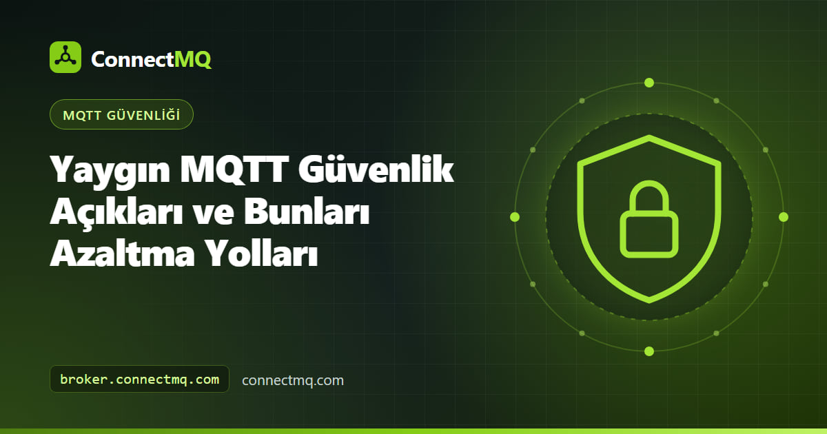 Broker, istemci ve ağ katmanlarındaki yaygın MQTT güvenlik açıklarını ve her katmandaki koruma kalkanlarını gösteren illüstrasyon