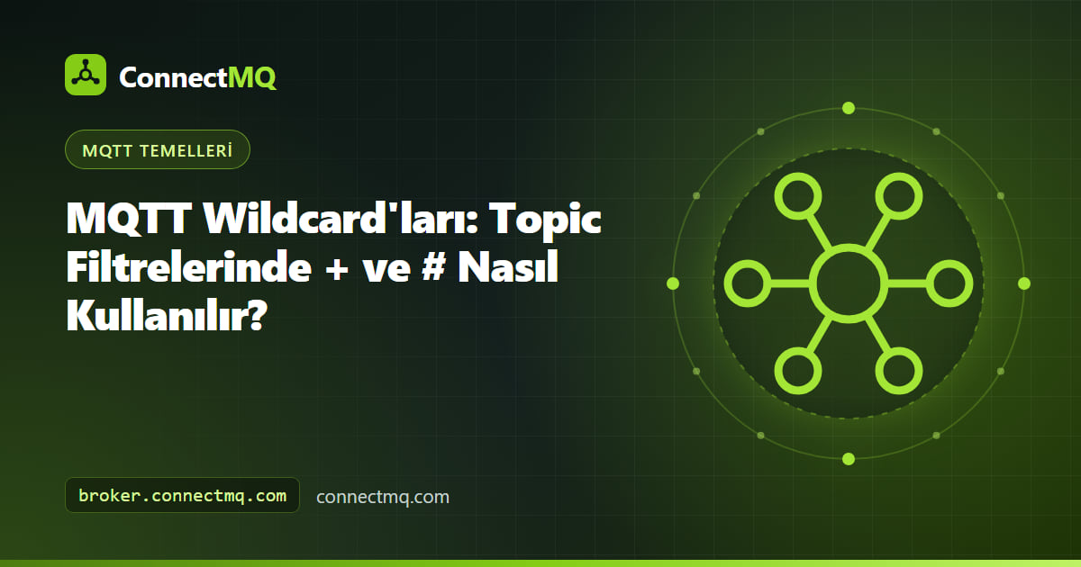 Bir topic filtresindeki artı ve diyez sembollerinin topic ağacının dallarıyla eşleştiğini gösteren MQTT wildcard çizimi