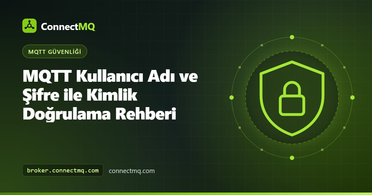 Bir cihazın TLS tüneli üzerinden broker'a kimlik bilgileri gönderdiği MQTT kullanıcı adı şifre doğrulaması illüstrasyonu