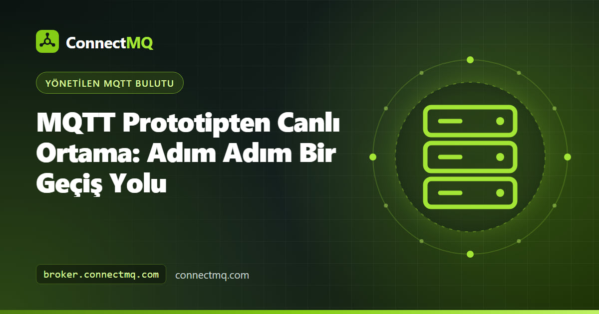 Breadboard üzerindeki bir sensörün güvenlik, topic ve izleme aşamalarından geçerek bir bulut broker'a ulaştığı MQTT prototipten canlı ortama geçiş illüstrasyonu