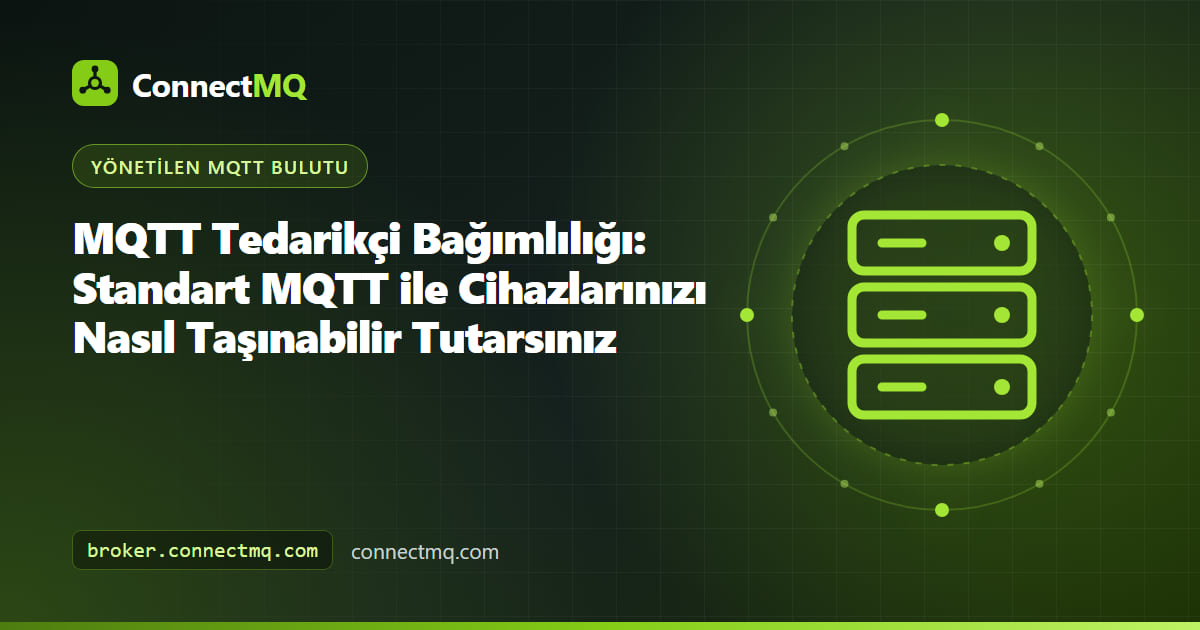 Standart MQTT ile bağlı cihazların birbirinin yerine geçebilen broker'lar arasında geçiş yapabildiği, MQTT tedarikçi bağımlılığından kaçınma illüstrasyonu