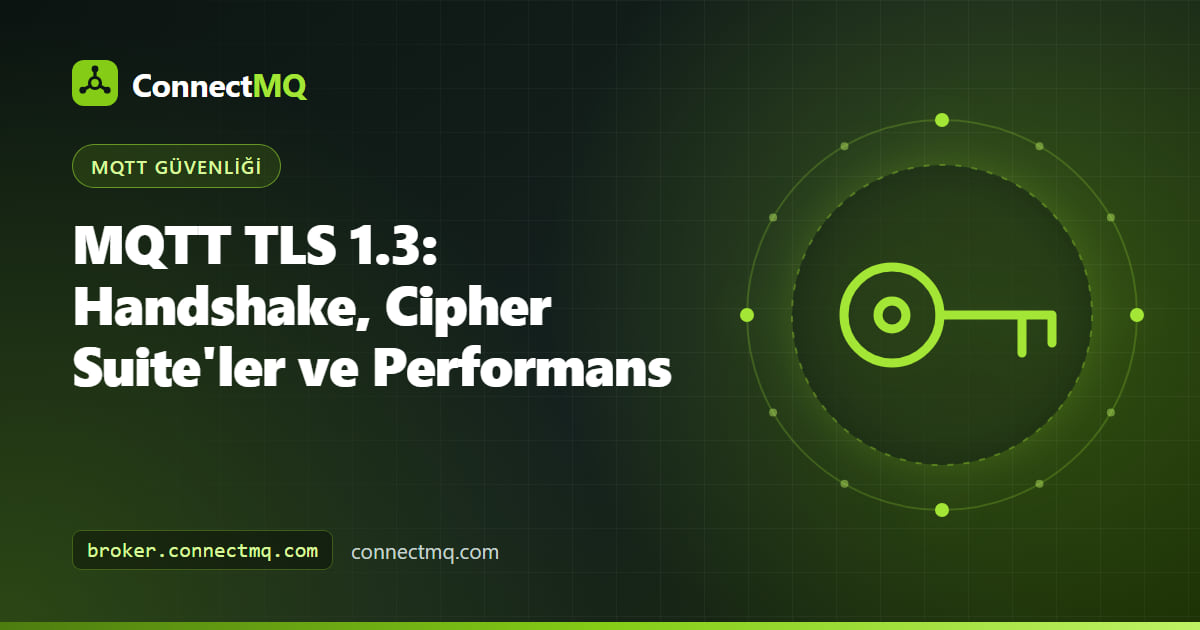 Cihaz ile broker arasında iki turlu TLS 1.2 handshake'ini tek turlu TLS 1.3 handshake'iyle karşılaştıran MQTT TLS 1.3 çizimi