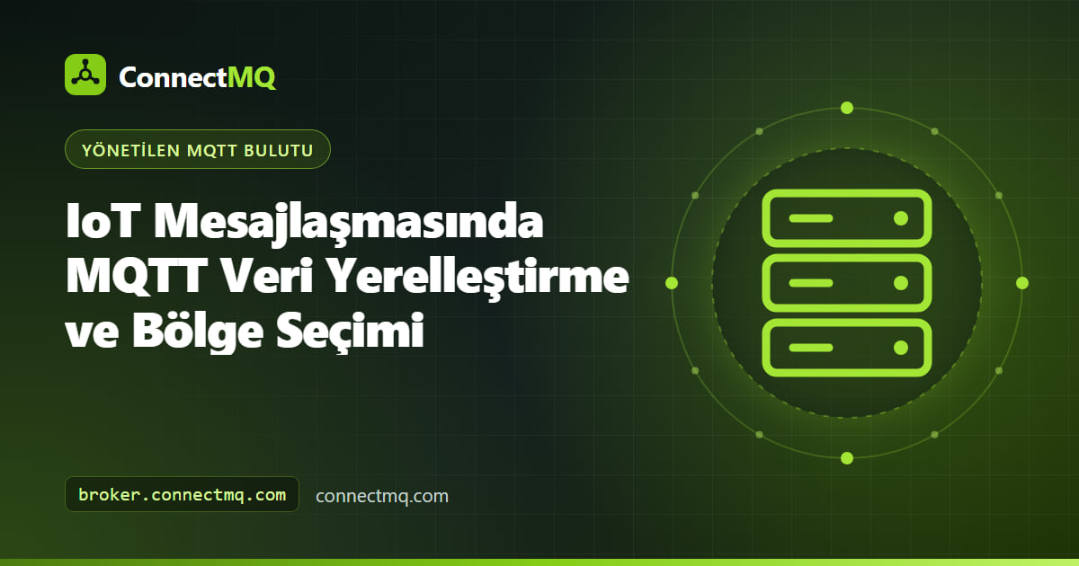 IoT mesajlarının broker etrafında seçilen bölgesel sınırın içinde kaldığı bir dünya haritasını gösteren MQTT veri yerelleştirme illüstrasyonu