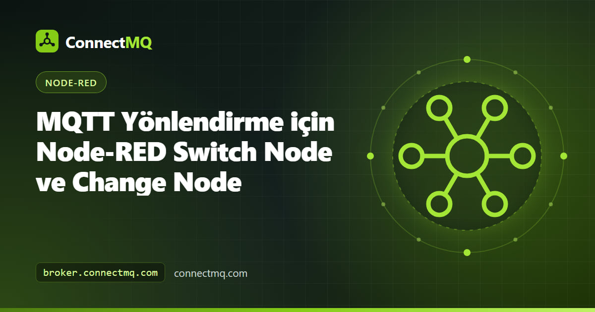 MQTT mesajlarını change node'larını ve bir MQTT out node'unu besleyen üç çıkışa ayıran Node-RED switch node'u