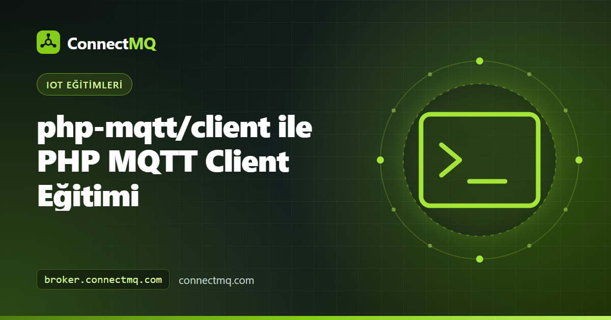 Komut publish eden bir web uygulaması ve bulut broker'daki IoT topic'lerine subscribe olan bir arka plan worker'ı içeren PHP MQTT client diyagramı