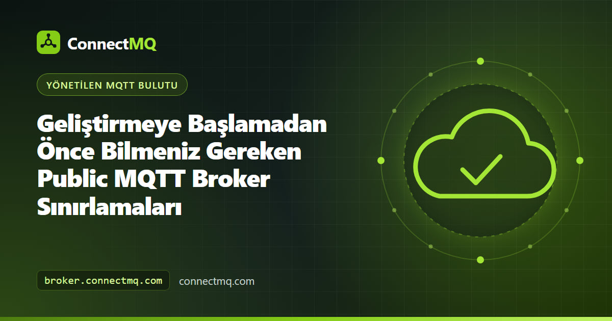 Hız ve boyut göstergeleriyle tek bir açık topic alanını paylaşan çok sayıda anonim istemciyi gösteren public MQTT broker sınırlamaları illüstrasyonu