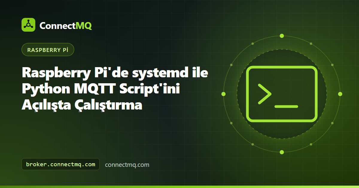 Açılışta bir Python istemcisini başlatan systemd servisini gösteren, python mqtt script açılışta çalıştırma yöntemini anlatan Raspberry Pi terminali