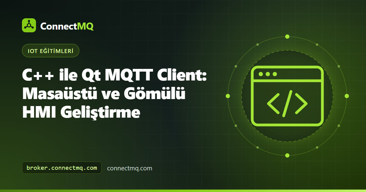 Bulut broker'dan gelen canlı makine sıcaklığı, basıncı ve durumunu endüstriyel bir dokunmatik ekranda gösteren Qt MQTT client HMI