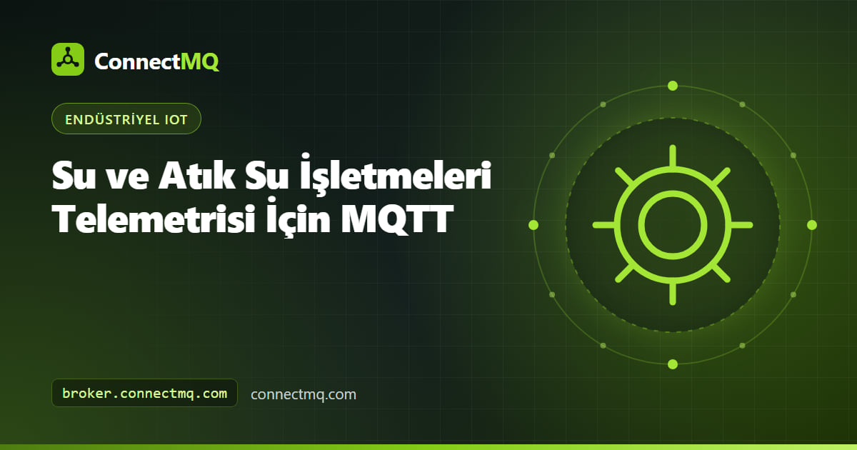 Su şebekelerinde MQTT telemetrisini gösteren, alarm simgeleriyle bulut broker'a seviye ve basınç verisi gönderen pompa istasyonu ve tepedeki su deposu