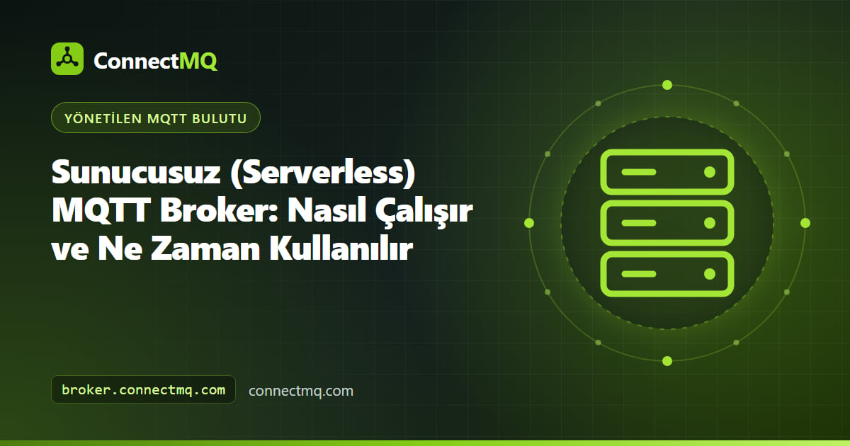 İzole kiracı şeritleriyle tek bir paylaşımlı bulut kümesine bağlanan çok sayıda küçük cihaz grubunu gösteren sunucusuz MQTT broker illüstrasyonu