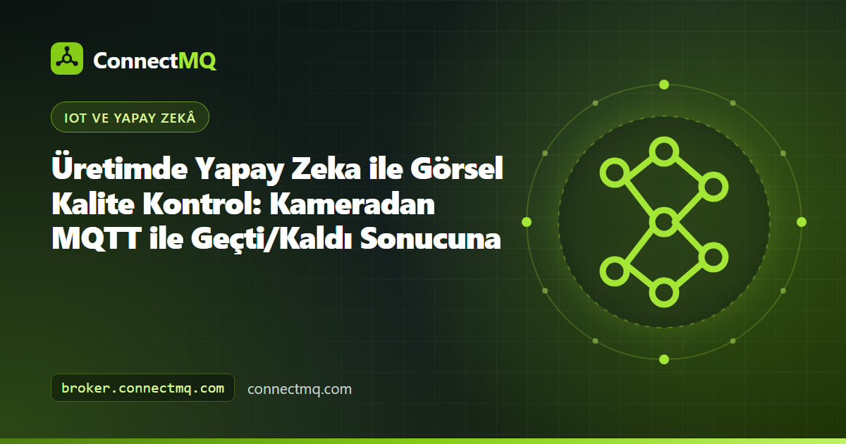 Konveyör üzerinde endüstriyel kamera, parça üzerinde vurgulanmış bir hata ve MQTT ile gönderilen geçti kaldı sonuçlarıyla yapay zeka görsel kalite kontrol istasyonu